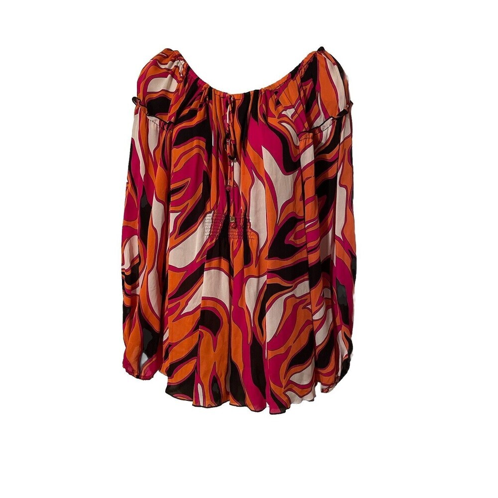 Michael Kors 100% Silk Blouse Long Ballon Sleeve Multicolor Sheer Sz Large Top
